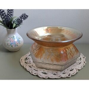 Vintage Iridescent Amber Glass Bowl | Hexagon Pedestal Centerpiece